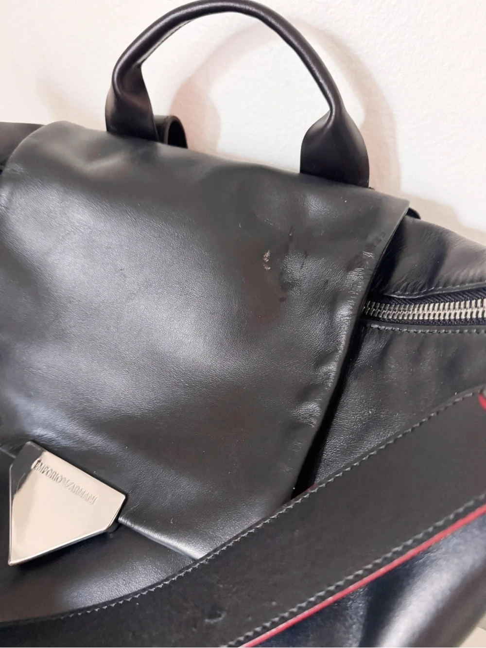 Emporio Armani Black Leather Backpack with Red Accent
